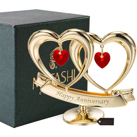 24k Gold Plated Happy Anniversary Double Heart Figurine Ornament With Genuine Crystals Red