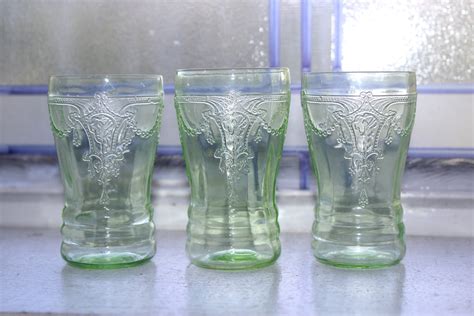 3 Green Depression Glass Juice Glasses 3 3 4 Cameo Ballerina 1930s