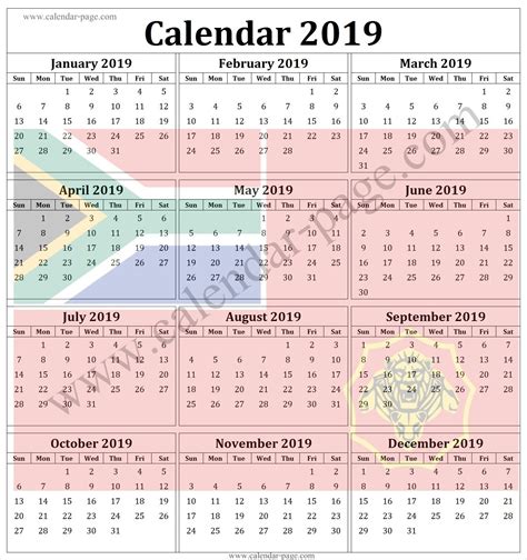South Africa 2019 Calendar With Public Holidays Qualads