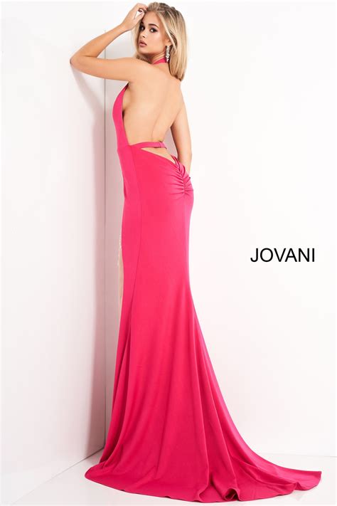 Jovani Hot Pink Halter Neck Backless Prom Dress