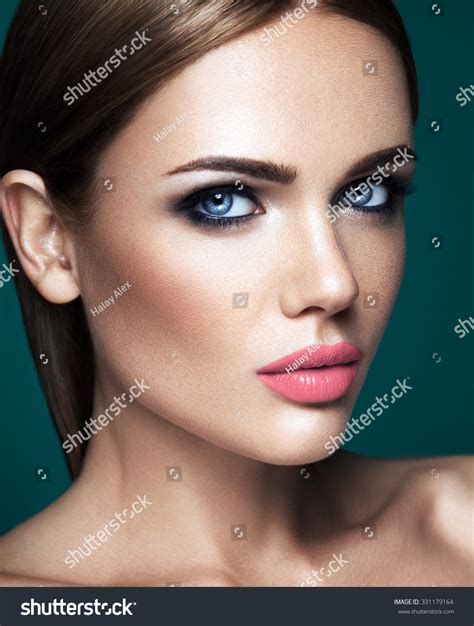 Sensual Portrait Of Beautiful Woman Model Lady With Fresh Daily Makeup With Nude Lips Color And