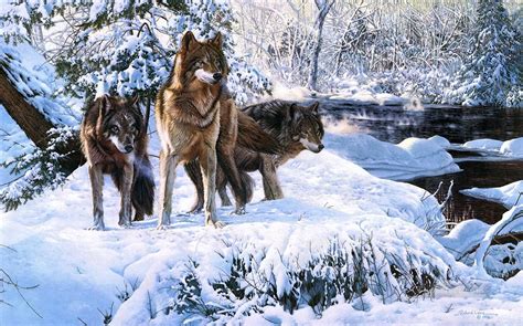 Wolves In Winter Scenes Painting In Oil For Sale