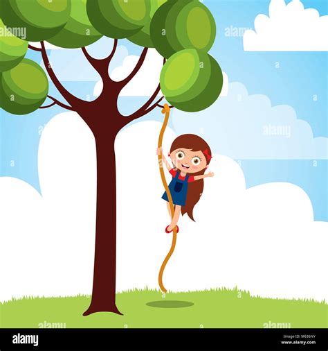 Beautiful Girl Climbing Up With Rope The Tree Stock Vector Image And Art
