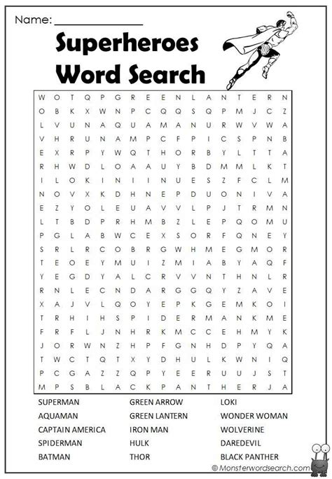 Superheroes Word Search Monster Word Search