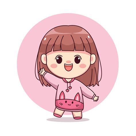 Happy Cute And Kawaii Girl With Pink Hoodie Bunny Waving Hand Cartoon