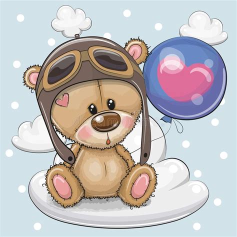 Cute Teddy Bear In The Box Is Flying On Balloons Stock
