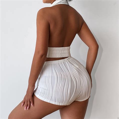 Wholesale Women Halter Backless Crop Top And Shorts Solid Two Piece Set