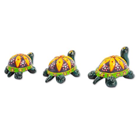 3 Handmade Ceramic Turtle Figurines With Floral Shells Yellow