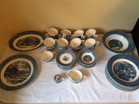Currier And Ives Dishes Set Of 47 Pieces The Old Grist Mill Ebay