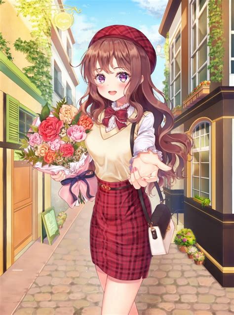 Wallpaper Anime Girl Flower Bouquet Street Smiling