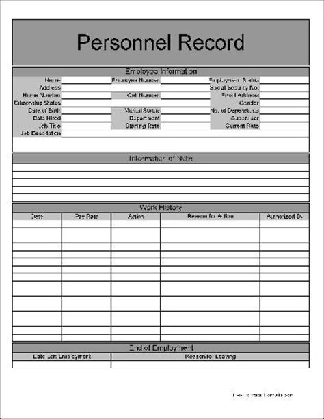 Free Basic Personnel Record Form From Formville