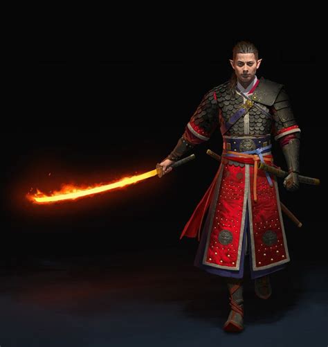 Male Elf With Flaming Samurai Sword Fighter Mage Character Concept
