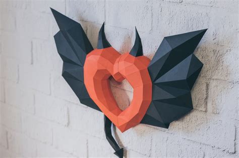 Papercraft Devil Heart With Wings Diy Wall Mount 3d Etsy