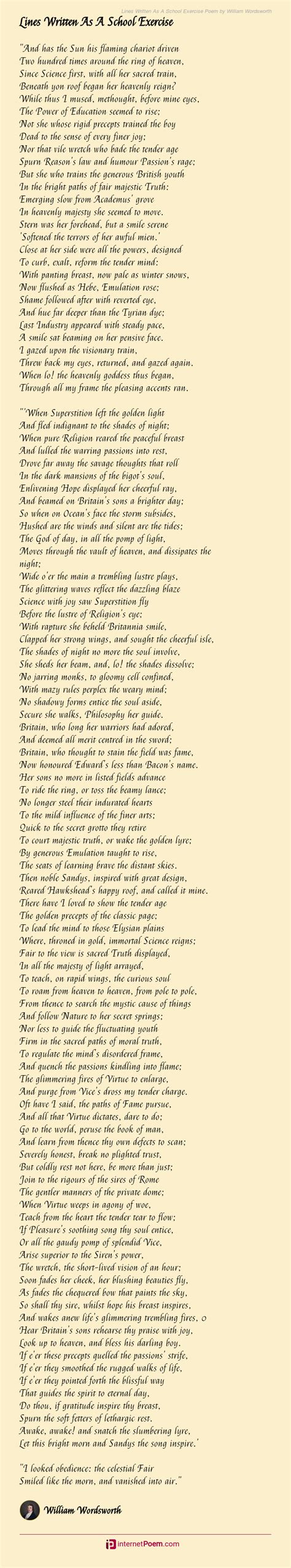 Lines Written As A School Exercise Poem By William Wordsworth