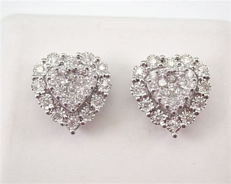 White Gold Diamond Heart Stud Earrings Halo Cluster Studs Etsy