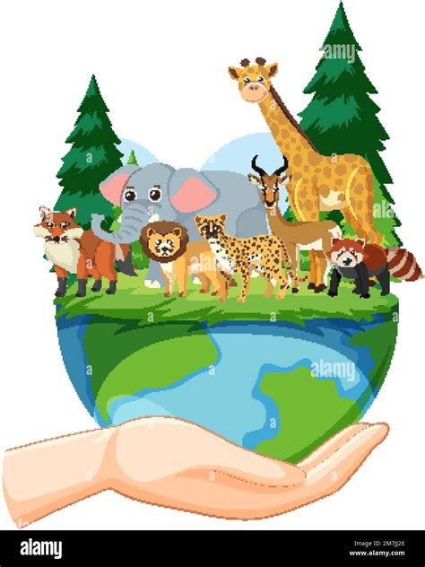 Animals Standing On Earth Planet Illustration Stock Vector Image And Art