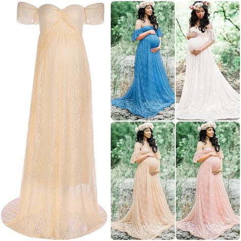 3 15 Pregnant Woman Off Shoulder Long Lace Maxi Gown Maternity Dress