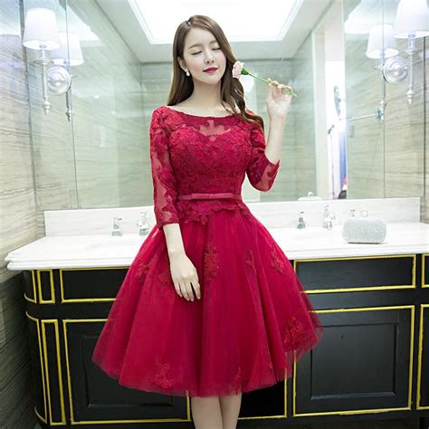 2016 New Fashion Wine Red Lace Flower 34 Sleeves Short A