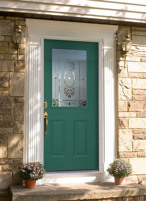 Beautiful Green Front Door With Decorative Glass