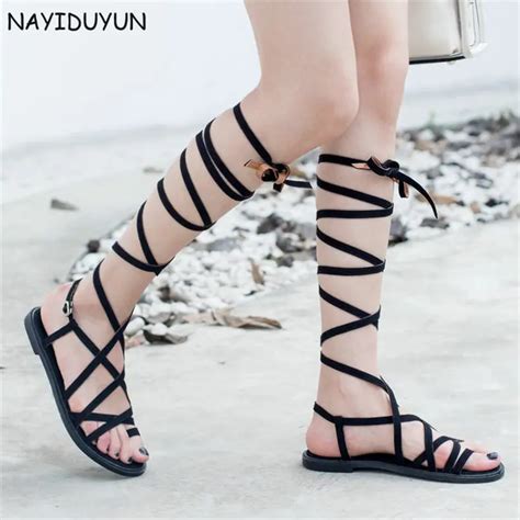 Nayiduyun Women Strappy Knee High Cow Leather Sandals Flat Heel Flip