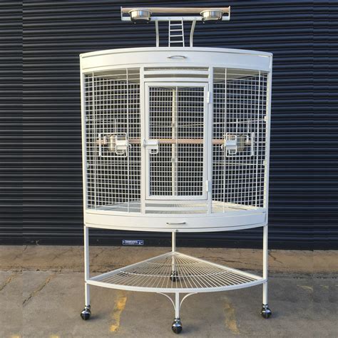 White Corner Parrot Aviary Bird Cage Perch Roof Gym Budgie On Wheels