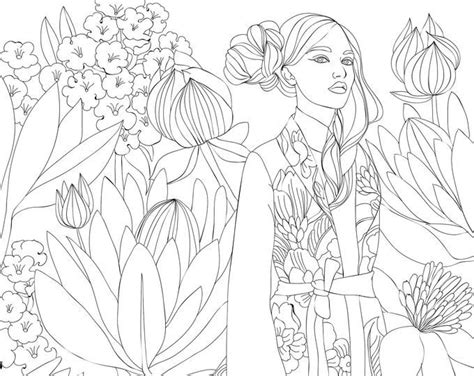 Printable Coloring Page Fantasy Floral Girl Portrait Etsy Coloring