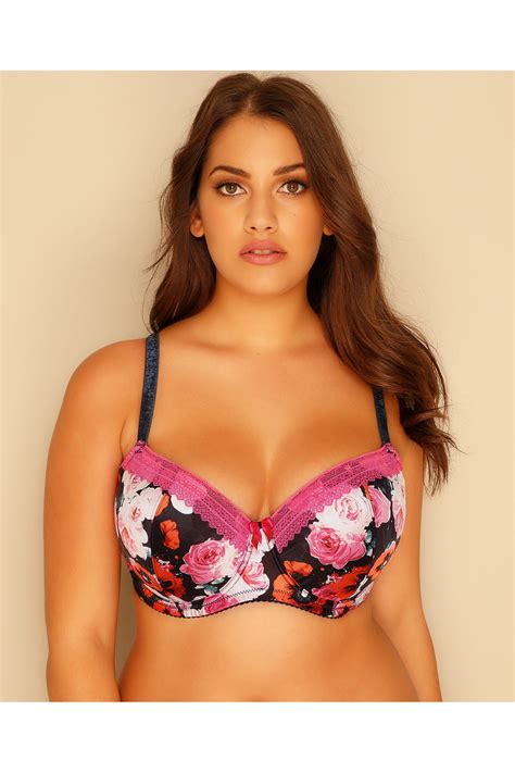 Red And Pink Floral Poppy Rose Print Satin Underwired Moulded Bra Plus
