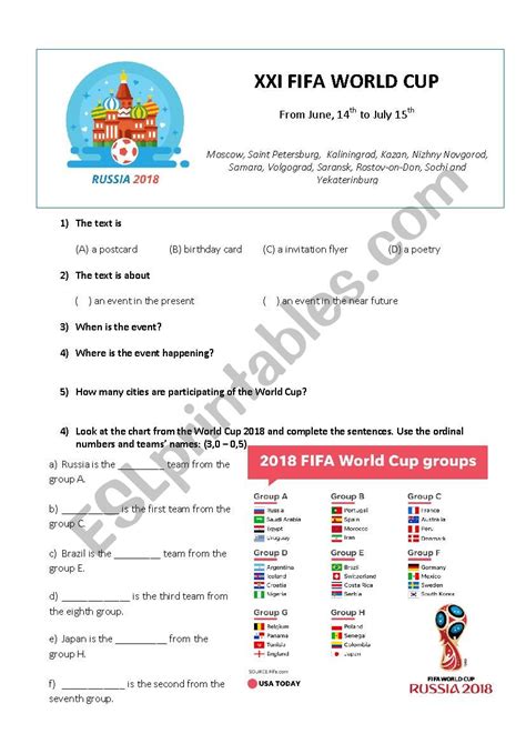 the world cup russia 2018 esl worksheet by flavinha z