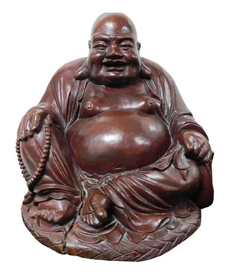 Asian Monumental Carved Wood Happy Buddha Sculpture Wear