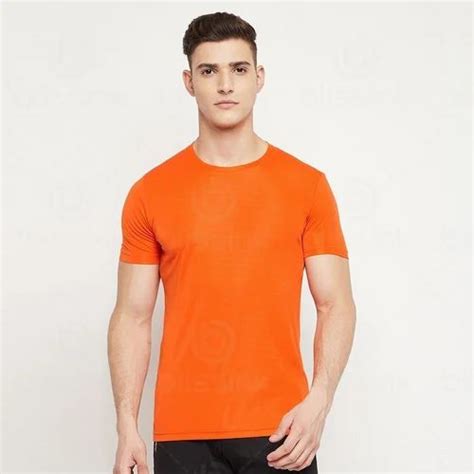 Plain Blissink Men Orange Polyester T Shirt Medium Round Neck At Rs