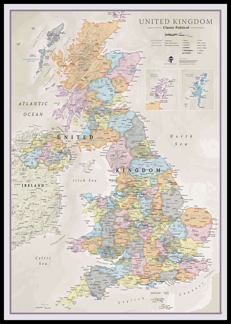 Huge Uk Classic Wall Map Pinboard And Framed Black