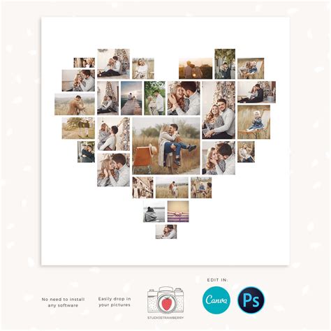 Heart Photo Collage Template Mosaic For Canva And Photoshop Strawberry Kit