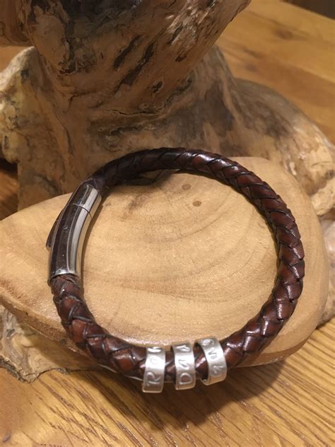 Mens Leather Braided Antique Brown Cuff Bracelet With Personalised