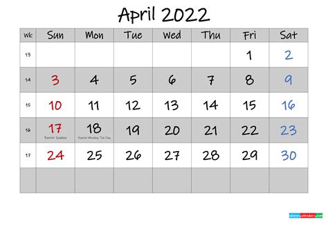 Free Printable April 2022 Calendar With Holidays Template K22m568