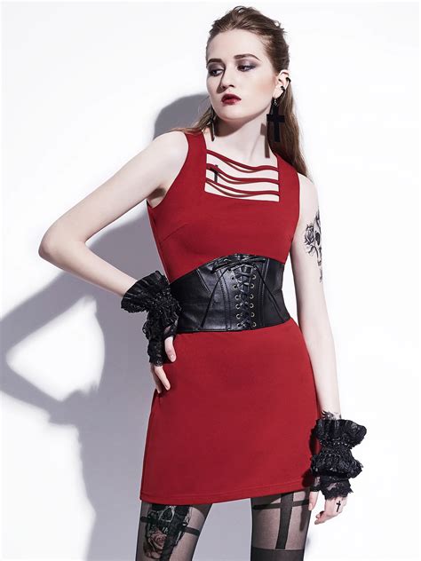 Gothic Women Mini Dress Red Wine Sleeveless Patchwork Defined Waist