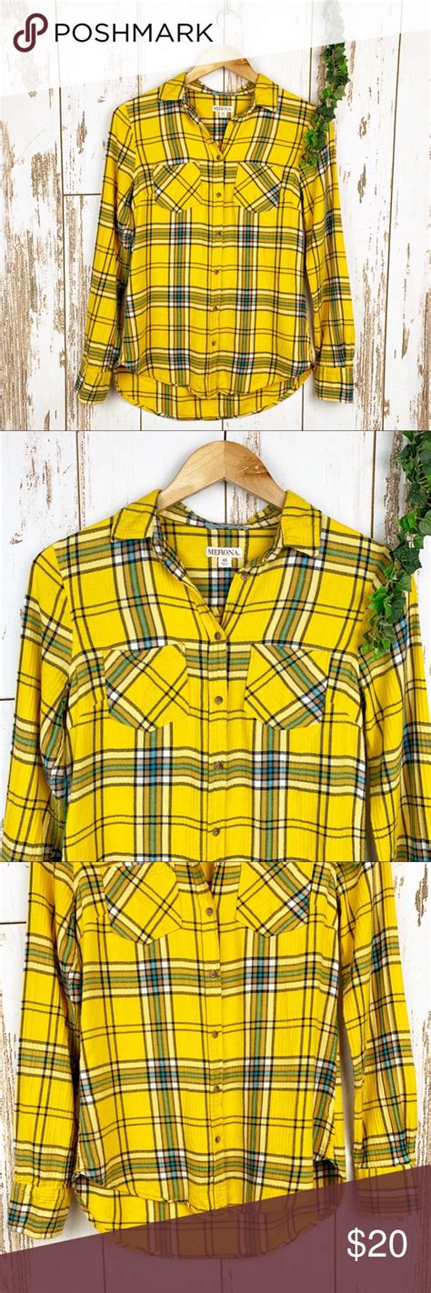 Mustard Yellow Long Plaid Flannel Nwot Button Down Plaid Flannel Long Sleeve Shirt Tops Long