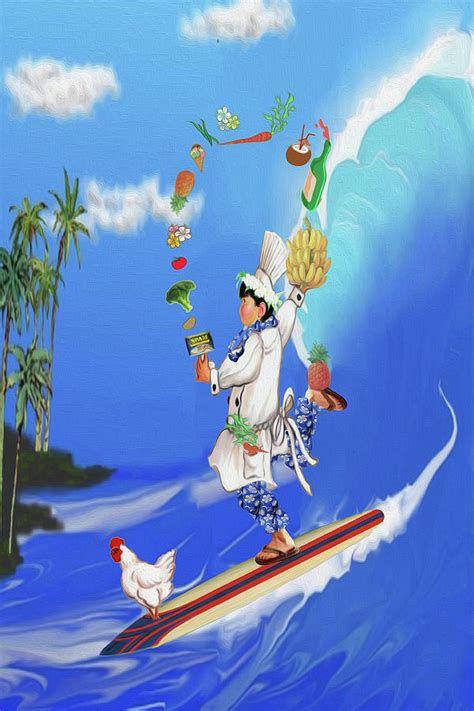 Hawaiian Chef And Chicken On A Surfboard Juggling Food Digital Art By