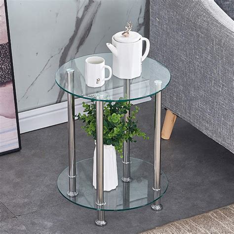 Buy Round Glass End Table Sofa Side Table 2 Tier Small Coffee Table