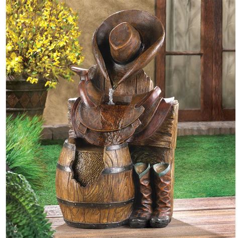 Wild West Cowboy Water Fountain Rain Barrel Outdoor Garden Southwestern