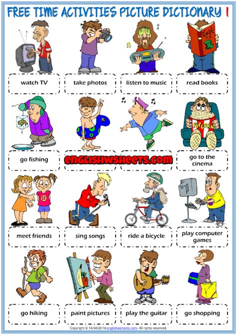 Free Time Activities Esl Picture Dictionary Worksheets Free Time Activities Vocabulary Games
