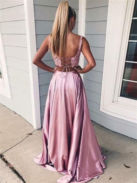 Two Piece Lace Top Prom Dress With Slit High School Summer Party