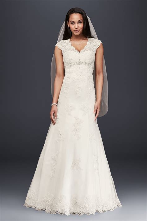 Cap Sleeve Lace Over Satin Wedding Dress David S Bridal Cap Sleeve Wedding Dress Lace