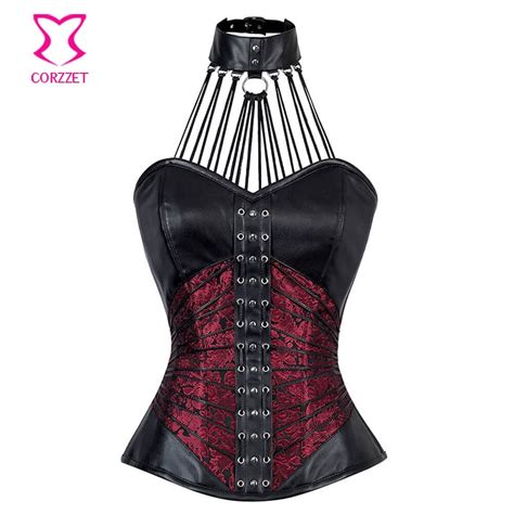 Corzzet Red Leather Gothic Overbust Corset With Neck Gear Steel Boned