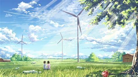 Download Sunshine Cloud Summer Wind Turbine Anime Original Hd Wallpaper