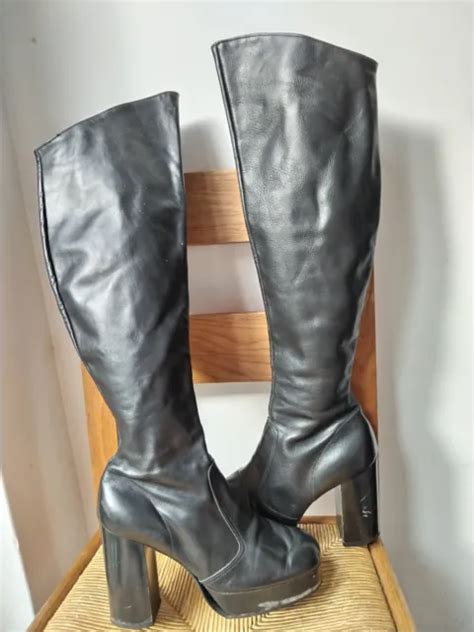 Vintage Rare Original 70s Platform Knee High Black Leather Boots Size 5