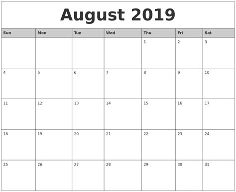 August 2019 Monthly Calendar Printable