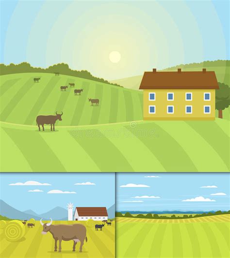 Village Landscapes Vector Illustration Farm House Agriculture Graphic