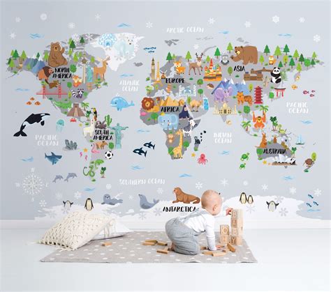 Kids Map Wallpaper Peelnstick Gray World Map Nursery Mural Etsy