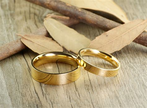 Handmade Gold Flat Plain Matching Wedding Bands Couple Rings Set Tit