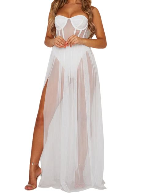 Wodstyle Womens Sexy Mesh Backless Sundress Party Strappy See Through Prom Long Dress